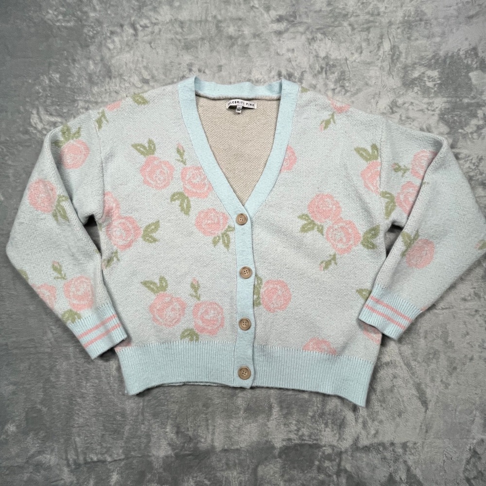 Celebrity Pink Cardigan Women Large Blue Floral Rose Button V-Neck Knit Sweater
